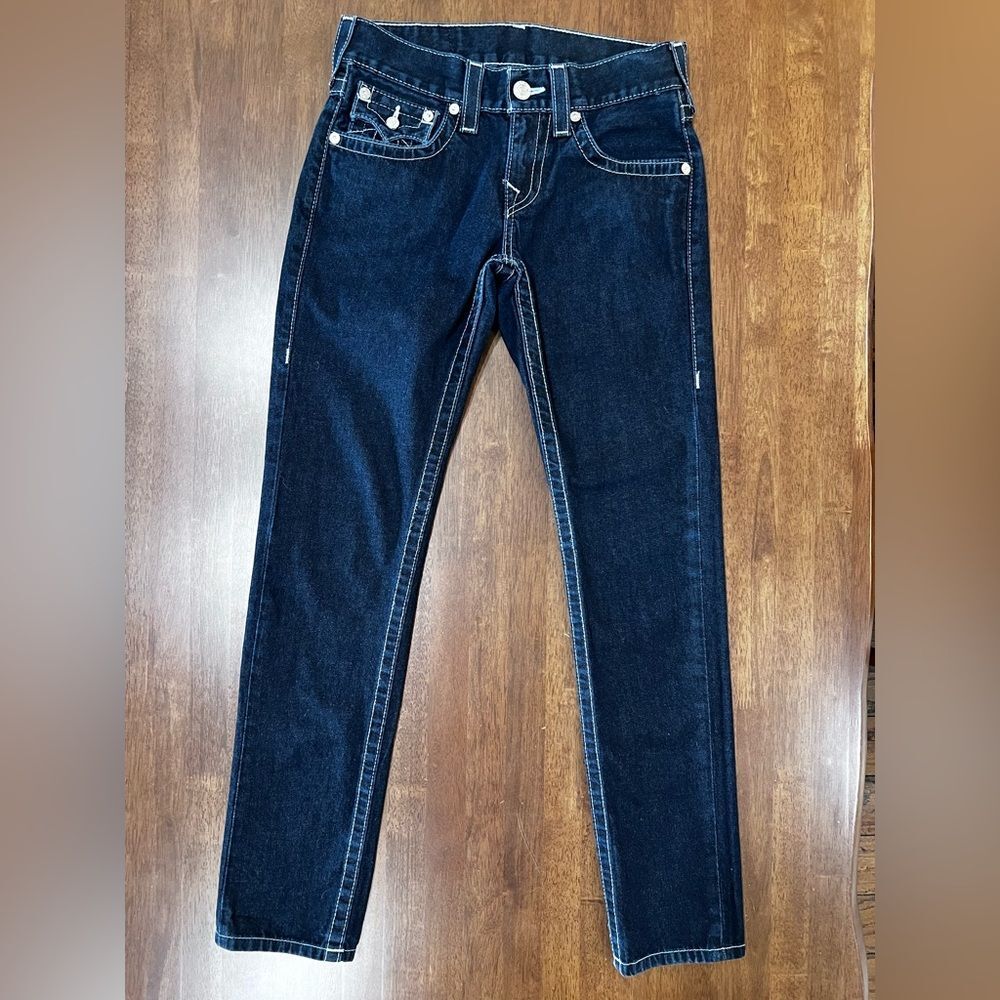True Religion Jennie Big T Skinny Jeans Dark Wash Curvy Fit Flap Pockets Sz 28